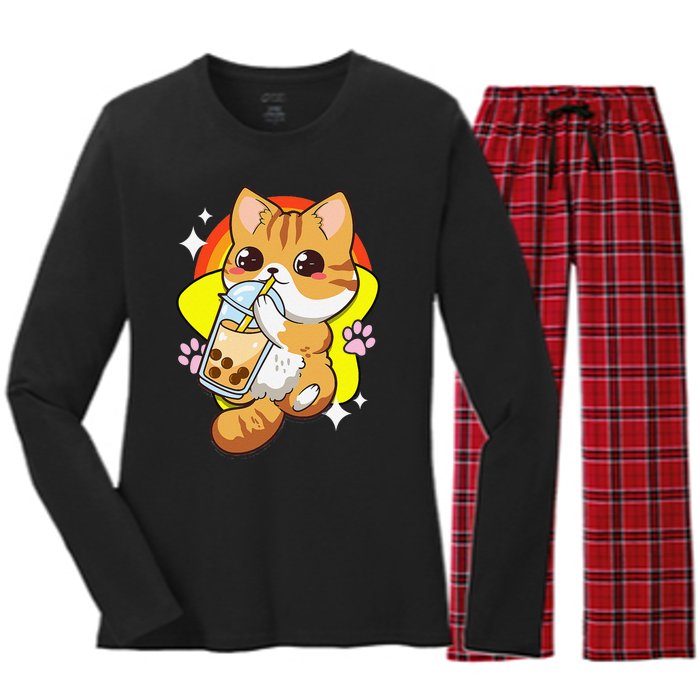 Boba Tea Bubble Tea Cat Anime Kawaii Neko Lover Japanese  Women's Long Sleeve Flannel Pajama Set 