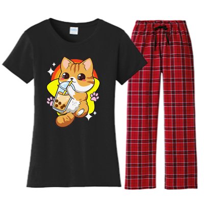 Boba Tea Bubble Tea Cat Anime Kawaii Neko Lover Japanese  Women's Flannel Pajama Set