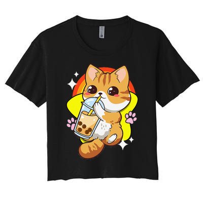 Boba Tea Bubble Tea Cat Anime Kawaii Neko Lover Japanese  Women's Crop Top Tee