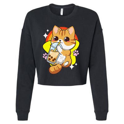 Boba Tea Bubble Tea Cat Anime Kawaii Neko Lover Japanese  Cropped Pullover Crew