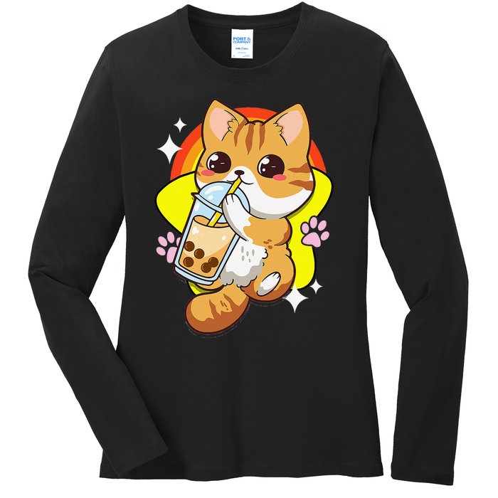 Boba Tea Bubble Tea Cat Anime Kawaii Neko Lover Japanese  Ladies Long Sleeve Shirt