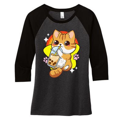 Boba Tea Bubble Tea Cat Anime Kawaii Neko Lover Japanese  Women's Tri-Blend 3/4-Sleeve Raglan Shirt