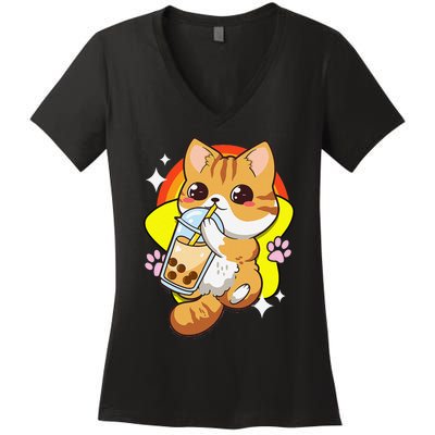 Boba Tea Bubble Tea Cat Anime Kawaii Neko Lover Japanese  Women's V-Neck T-Shirt