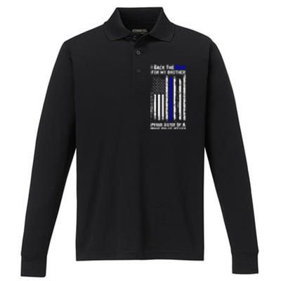 Back The Blue For My Brother Proud Sister Police Flag Funny Gift Performance Long Sleeve Polo