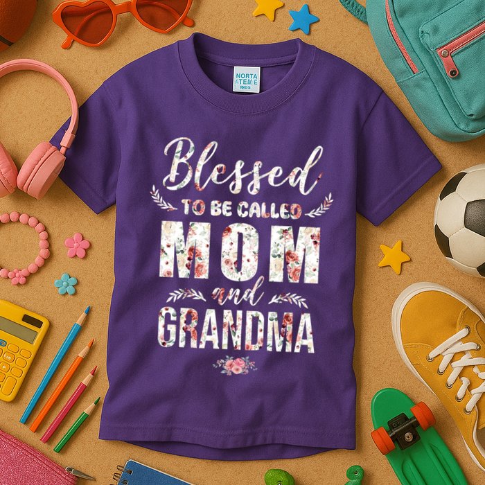 Blessed To Be Called Mom And Grandma Floral Kids T-Shirt