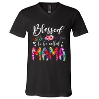 Blessed To Be Called Mom & Mama Floral Tie Dye Mother's Day V-Neck T-Shirt