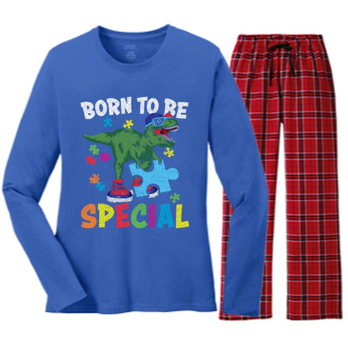 Born To Be Special Trex Puzzle Dinosaur Autism Awareness Gift Women's Long Sleeve Flannel Pajama Set 