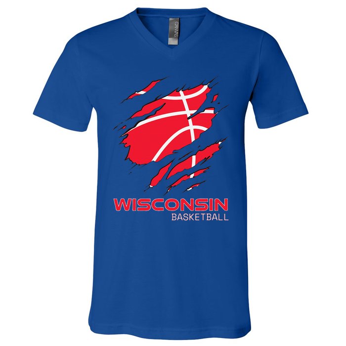 Basketball The Badger State Home Wisconsin Hoops V-Neck T-Shirt