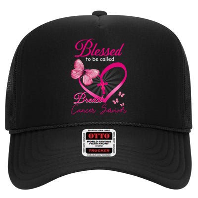 Blessed To Be Called Breast Cancer Survivor Pink Butterfly High Crown Mesh Back Trucker Hat