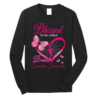 Blessed To Be Called Breast Cancer Survivor Pink Butterfly Long Sleeve Shirt