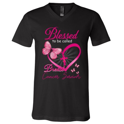 Blessed To Be Called Breast Cancer Survivor Pink Butterfly V-Neck T-Shirt