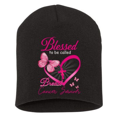 Blessed To Be Called Breast Cancer Survivor Pink Butterfly Short Acrylic Beanie