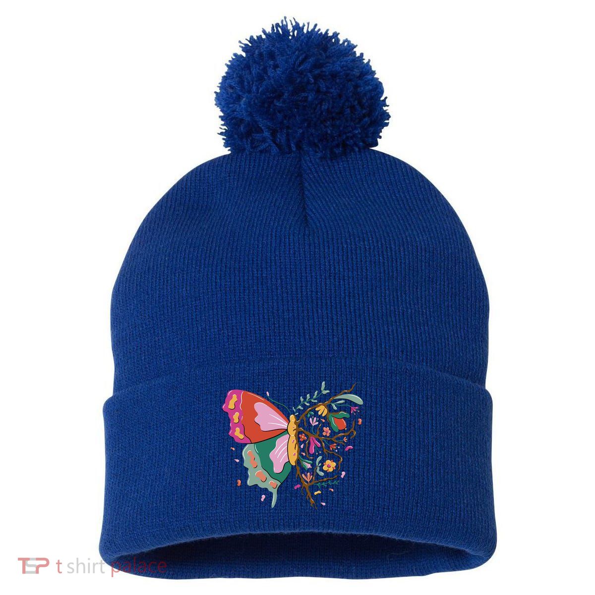 Butterfly Tree Branch Pom Pom 12in Knit Beanie