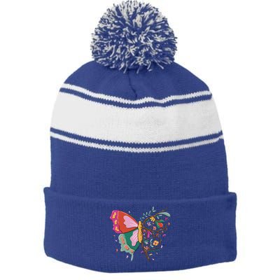 Butterfly Tree Branch Stripe Pom Pom Beanie
