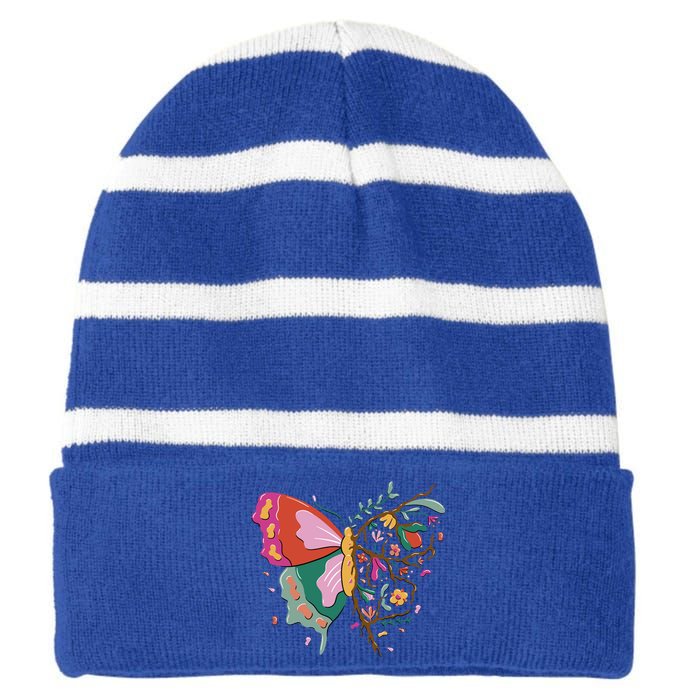 Butterfly Tree Branch Striped Beanie with Solid Band