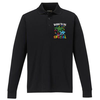 Born To Be Special Trex Puzzle Dinosaur Autism Awareness Gift Performance Long Sleeve Polo