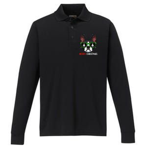 Boston Terrier Christmas Pajama Dog Sunglasses XMas Tree Performance Long Sleeve Polo