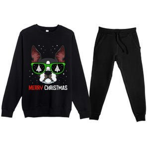 Boston Terrier Christmas Pajama Dog Sunglasses XMas Tree Premium Crewneck Sweatsuit Set