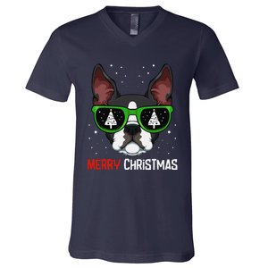 Boston Terrier Christmas Pajama Dog Sunglasses XMas Tree V-Neck T-Shirt