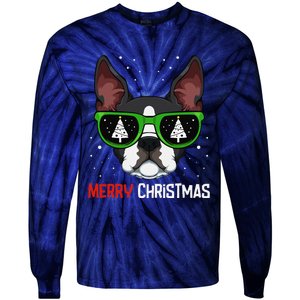 Boston Terrier Christmas Pajama Dog Sunglasses XMas Tree Tie-Dye Long Sleeve Shirt