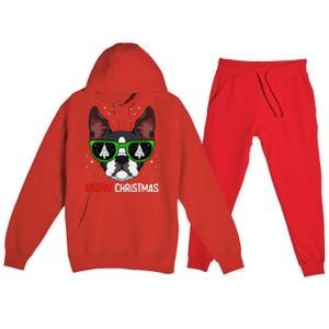 Boston Terrier Christmas Pajama Dog Sunglasses XMas Tree Premium Hooded Sweatsuit Set