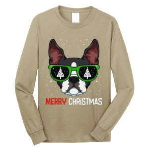 Boston Terrier Christmas Pajama Dog Sunglasses XMas Tree Long Sleeve Shirt