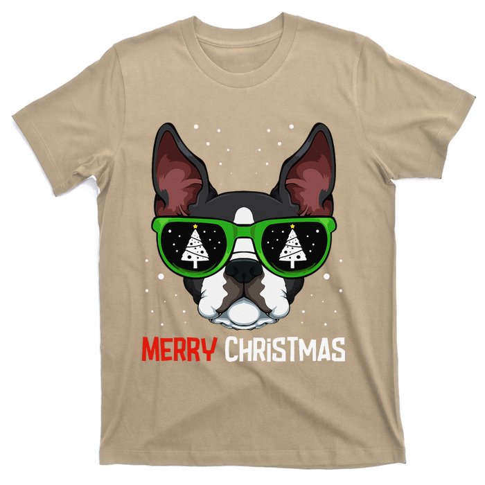 Boston Terrier Christmas Pajama Dog Sunglasses XMas Tree T-Shirt