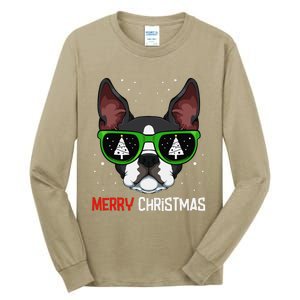 Boston Terrier Christmas Pajama Dog Sunglasses XMas Tree Tall Long Sleeve T-Shirt