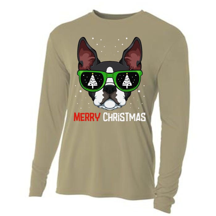 Boston Terrier Christmas Pajama Dog Sunglasses XMas Tree Cooling Performance Long Sleeve Crew