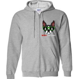 Boston Terrier Christmas Pajama Dog Sunglasses XMas Tree Full Zip Hoodie