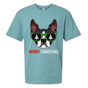 Boston Terrier Christmas Pajama Dog Sunglasses XMas Tree Sueded Cloud Jersey T-Shirt