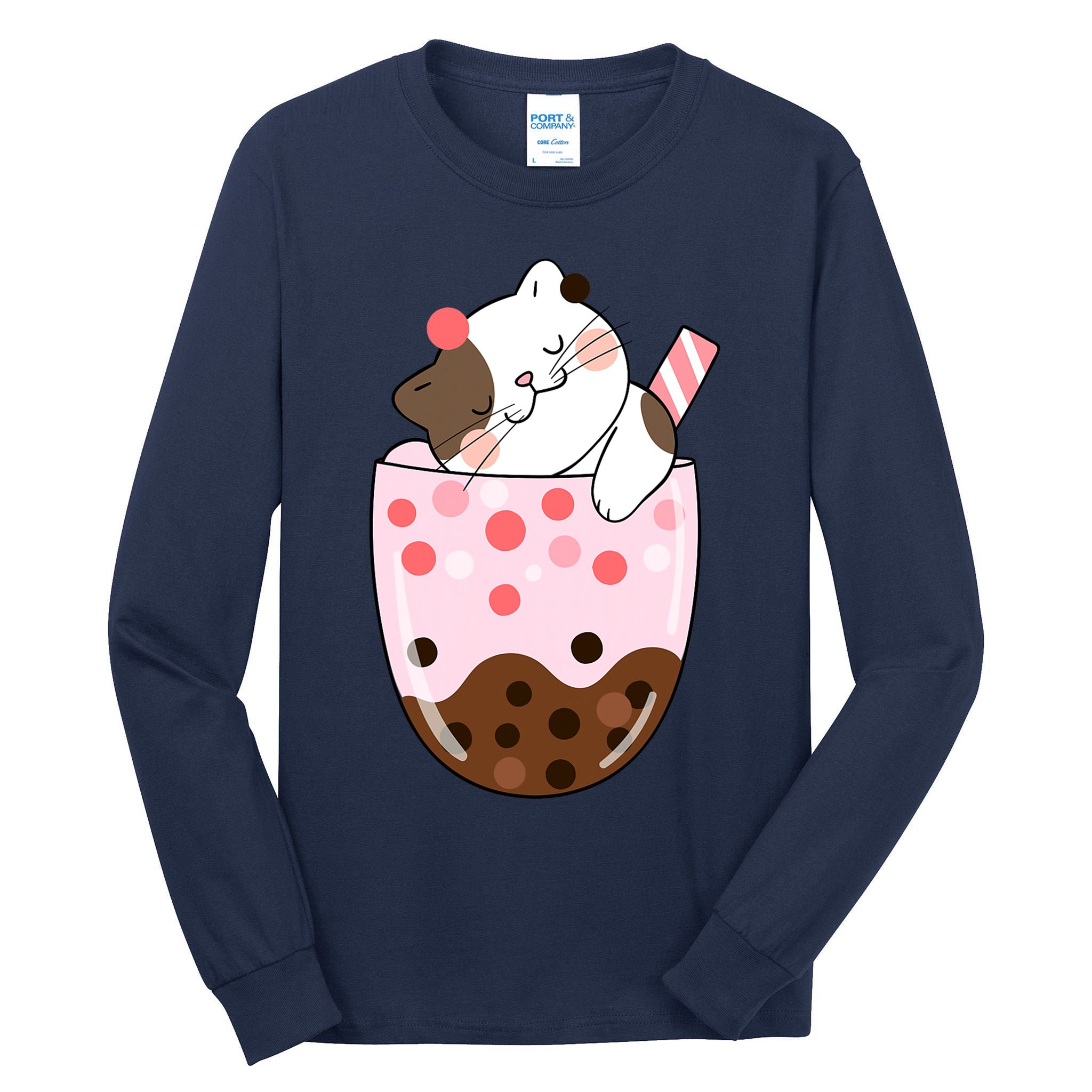 Boba Tea Cat Bubble Tea Kawaii Anime Japanese Girls Teenager Tall Long Sleeve T-Shirt