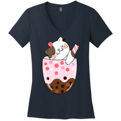Boba Tea Cat Bubble Tea Kawaii Anime Japanese Girls Teenager Women's V-Neck T-Shirt
