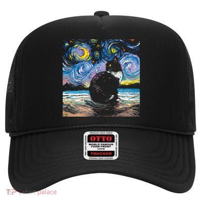 Black Tuxedo Cat Night 2 High Crown Mesh Back Trucker Hat