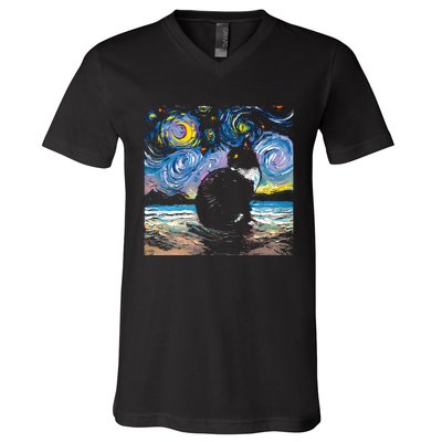 Black Tuxedo Cat Night 2 V-Neck T-Shirt