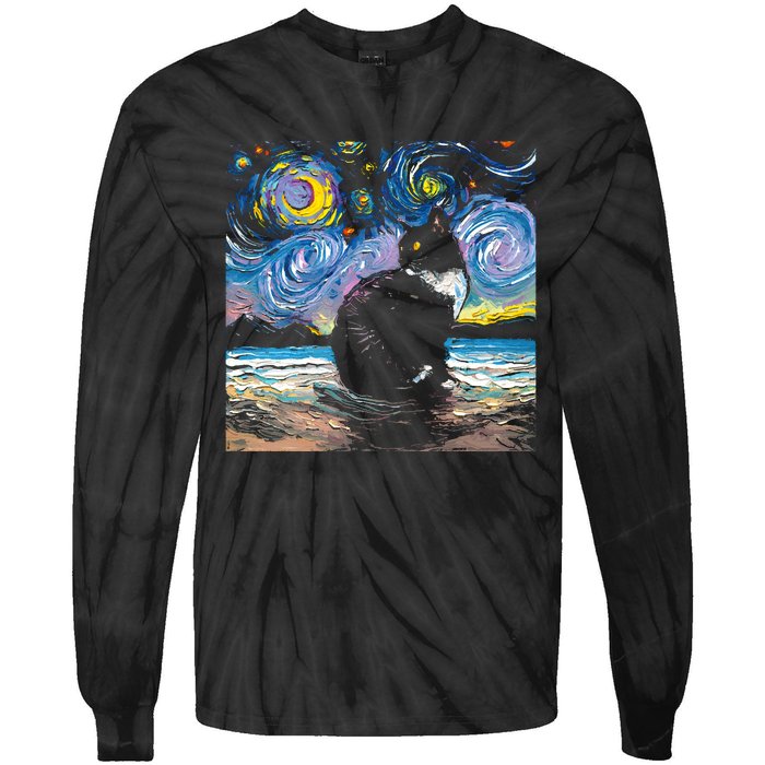 Black Tuxedo Cat Night 2 Tie-Dye Long Sleeve Shirt