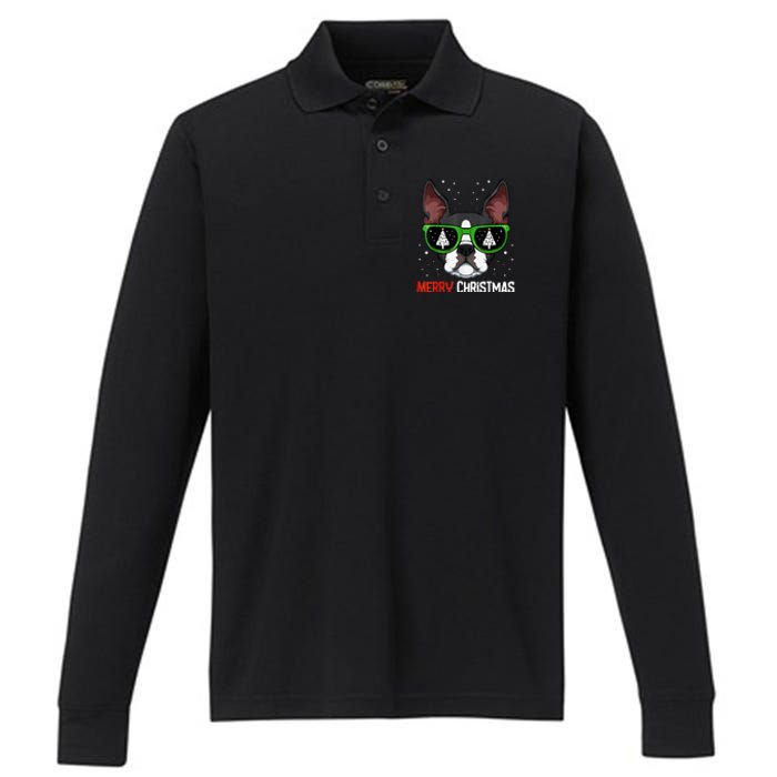 Boston Terrier Christmas Pajama Dog Sunglasses XMas Tree Performance Long Sleeve Polo