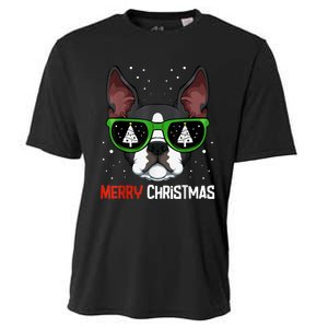 Boston Terrier Christmas Pajama Dog Sunglasses XMas Tree Cooling Performance Crew T-Shirt