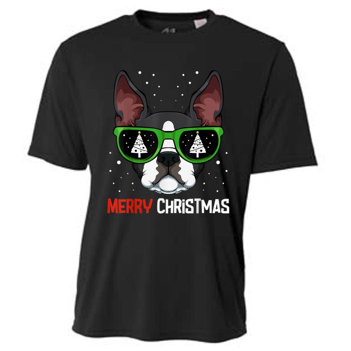 Boston Terrier Christmas Pajama Dog Sunglasses XMas Tree Cooling Performance Crew T-Shirt