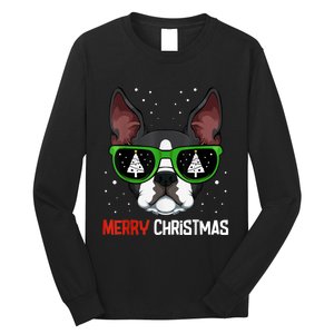 Boston Terrier Christmas Pajama Dog Sunglasses XMas Tree Long Sleeve Shirt