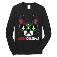 Boston Terrier Christmas Pajama Dog Sunglasses XMas Tree Long Sleeve Shirt