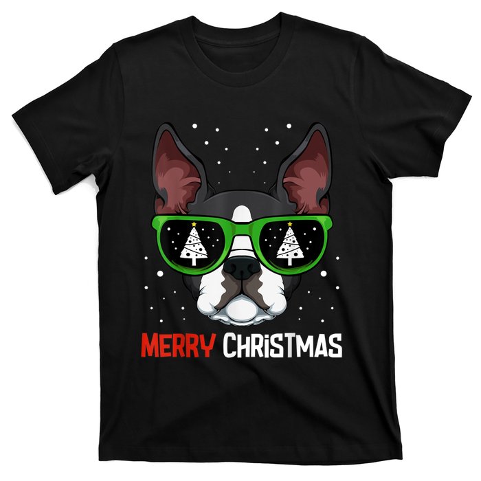 Boston Terrier Christmas Pajama Dog Sunglasses XMas Tree T-Shirt