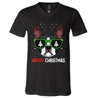 Boston Terrier Christmas Pajama Dog Sunglasses XMas Tree V-Neck T-Shirt