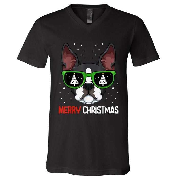 Boston Terrier Christmas Pajama Dog Sunglasses XMas Tree V-Neck T-Shirt