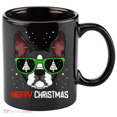 Boston Terrier Christmas Pajama Dog Sunglasses XMas Tree 11oz C Handle Ceramic Mug