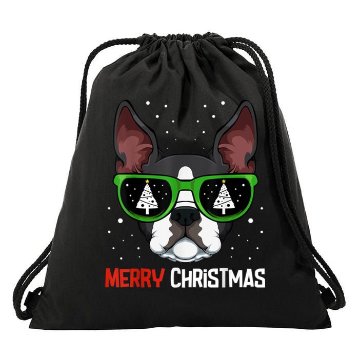 Boston Terrier Christmas Pajama Dog Sunglasses XMas Tree Drawstring Bag