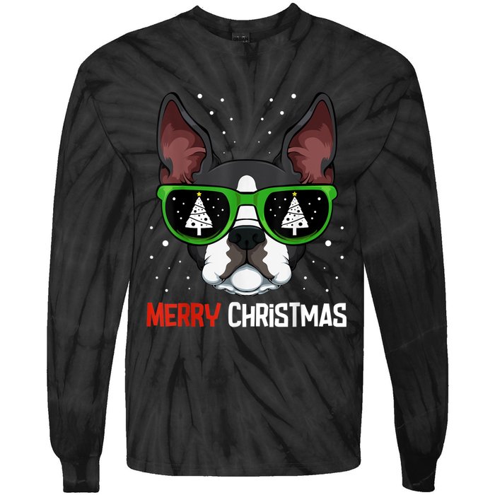 Boston Terrier Christmas Pajama Dog Sunglasses XMas Tree Tie-Dye Long Sleeve Shirt