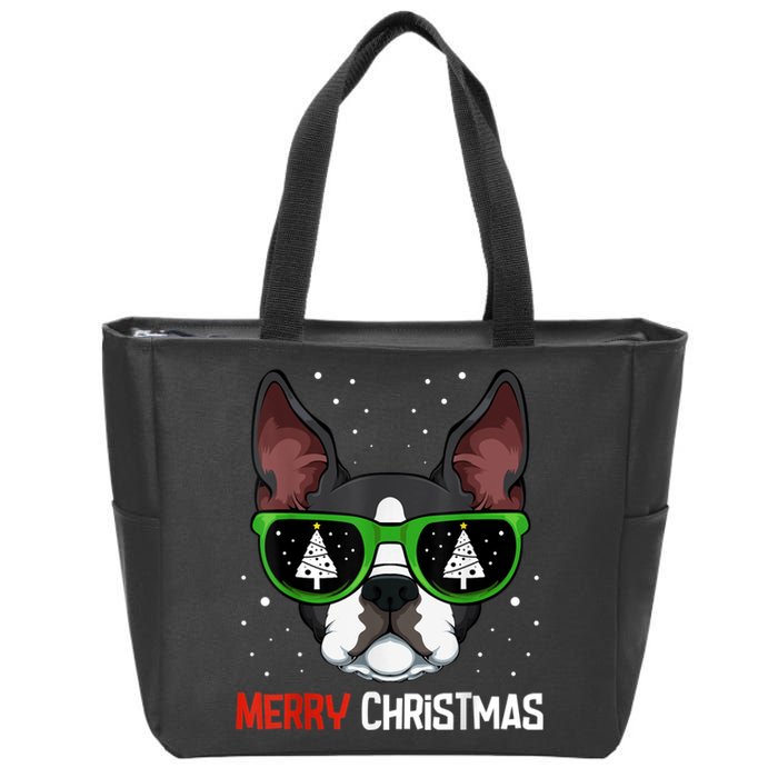 Boston Terrier Christmas Pajama Dog Sunglasses XMas Tree Zip Tote Bag