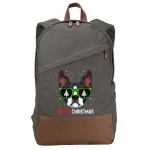 Boston Terrier Christmas Pajama Dog Sunglasses XMas Tree Cotton Canvas Backpack