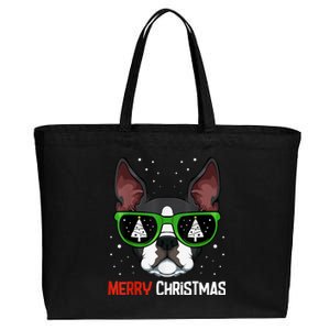 Boston Terrier Christmas Pajama Dog Sunglasses XMas Tree Cotton Canvas Jumbo Tote